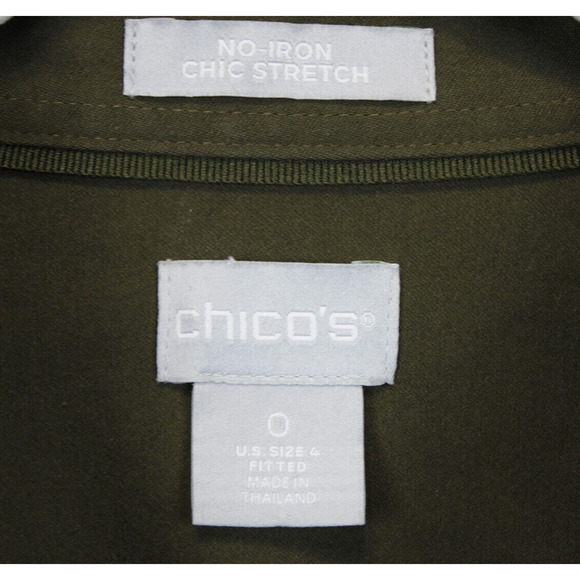 Chico's No Iron Chic Stretch Button Front Top Women 4 Long Sleeve Collared Olive - Picture 12 of 14